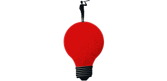 A lightbulb with a person on top holding a telescope